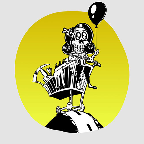 a baby skeleton in a shoppingcart