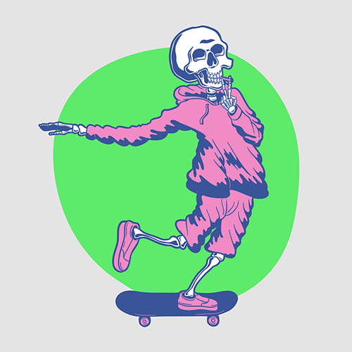 skeleton with clothes on a skateboard